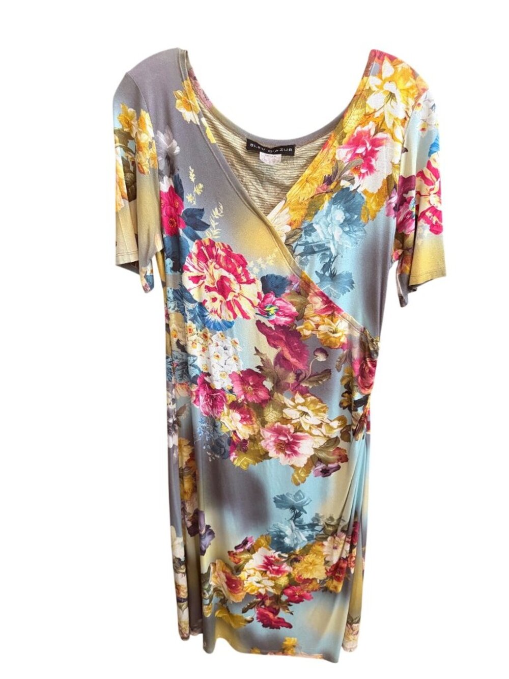 Bleu DAzur Floral Midi Dress With Short Sleeves & V-Neckline Multicolor Size 10